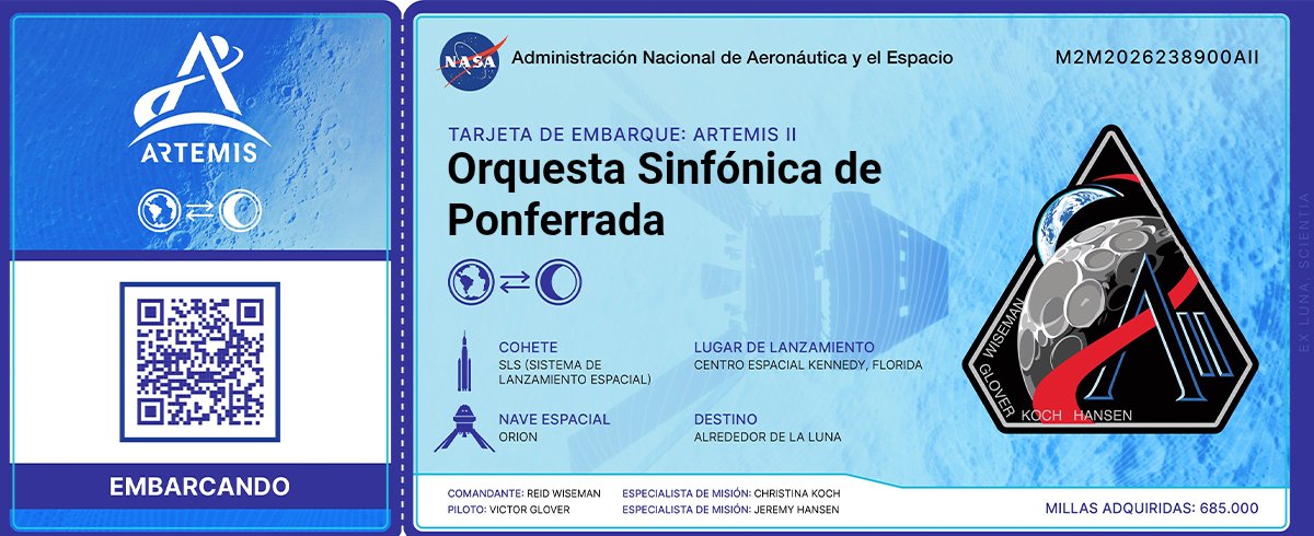 sinfonicaponfe's tweet photo. Acaba de lanzarse el cohete de la misión ARTEMIS de la NASA que llevará a 4 astronautas a la Luna. Grabado en el fuselaje de la nave ORIÓN va el nombre de nuestra orquesta: la Orquesta Sinfónica de Ponferrada primera orquesta en la Luna. @NASA @NASAArtemis #ospobi #ospobi20años https://t.co/Qjm1PDBnsl