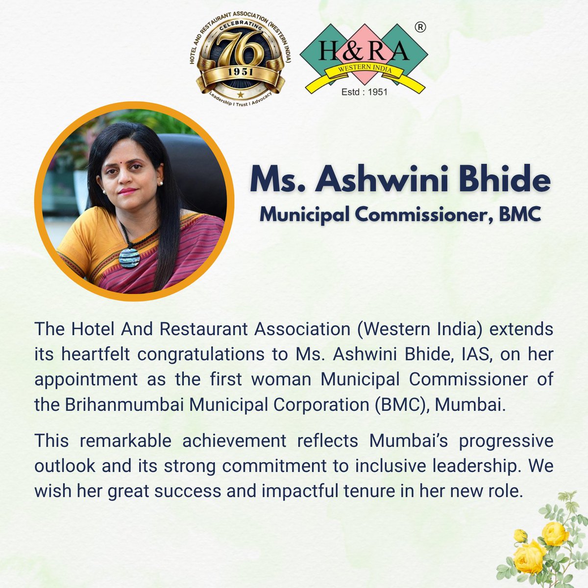 HRAWIOfficial's tweet photo. HRAWI extends its heartfelt congratulations to Ms. Ashwini Bhide on her appointment as the Municipal Commissioner of the Brihanmumbai Municipal Corporation (BMC), marking a historic milestone as the first woman to hold this prestigious position. https://t.co/cnLwA2KbDz