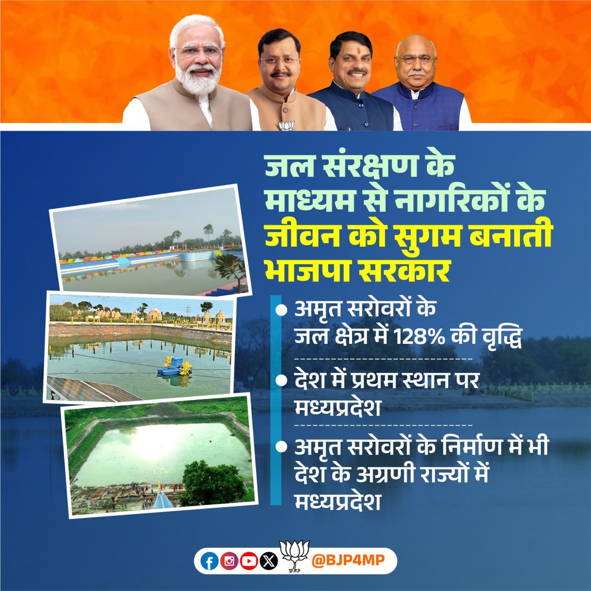 प्रधानमंत्री श्री नरेन्द्र मोदी जी के मार्गदर्शन और मुख्यमंत्री डॉ. मोहन यादव जी के के नेतृत्व में मध्यप्रदेश में अमृत सरोवरों का तेजी से विकास हो रहा है। जल क्षेत्र बढ़ने से मध्यप्रदेश देश में बना अग्रणी राज्य।