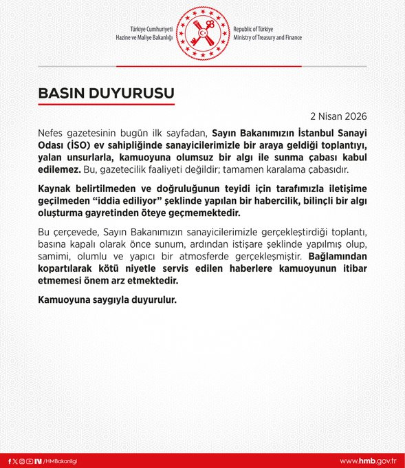 etkiIihaberyeni's tweet photo. Nefes Gazetesi'nin iddiasına göre Mehmet Şimşek, İSO toplantısında sanayicilere "Sağda solda konuşmayı negatif enerji vermeyi bırakın. Çıkıyorsunuz basına eleştiriyorsunuz. Gerçekleri göz ardı ediyorsunuz. Yaptığınız negatif eleştiriler yurt dışında olumsuz algılanıyor. Dünyanın en iyi otomotiv şirketleri bile yüzde 3-5 gibi karlara çalışıyor. Siz de düşük karlara ve yeni dünya düzenine uyum sağlayacaksınız" dedi.

Hazine ve Maliye Bakanlığı ise bu haberi yalanladı.