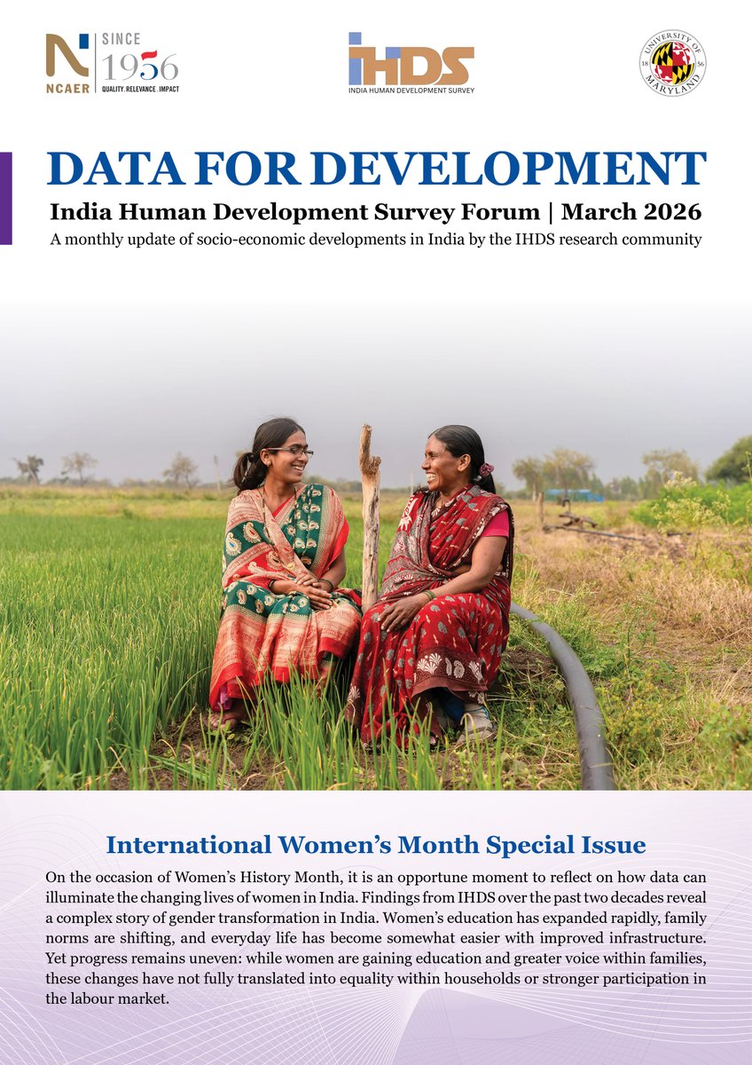 ncaer's tweet photo. How have women’s lives in India changed over the past two decades?

On the occasion of Women’s History Month, this special issue of the NCAER’s IHDS Research Digest draws on two decades of @ncaer’s India Human Development Survey data to examine gender transformations in India. It highlights significant gains in women’s education, evolving family norms, and improvements in everyday well-being, while also drawing attention to persistent inequalities in household responsibilities and labour market participation.

Read more: https://t.co/TCkClpuJ3X