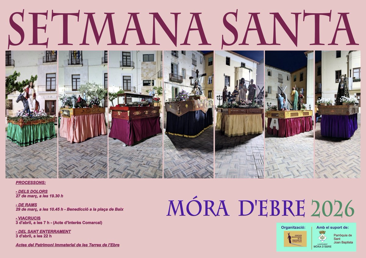 moradebre's tweet photo. Aquestes son les processons de Setmana Santa a Móra d'Ebre i vora riu. Visita'ns. Comparteix els actes de Pasqua amb nosaltres #SetmanaSanta #religio #processons #MóradEbre #RiberadEbre https://t.co/3fjqhdReXQ