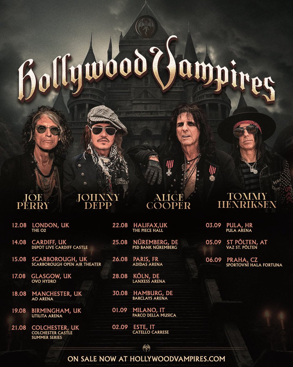 hollywoodvamps's tweet photo. 🎫 GENERAL ON SALES for Croatia, Austria and Prague start today at 10AM LOCAL at: https://t.co/Kotqaj43E9! 

❤️‍🔥 LIMITED VIP PACKAGES are also ON SALE at: https://t.co/otX6LeXO1B

#hollywoodvampires #alicecooper #joeperry #johnnydepp #tommyhenriksen https://t.co/I9EdDTT5o3