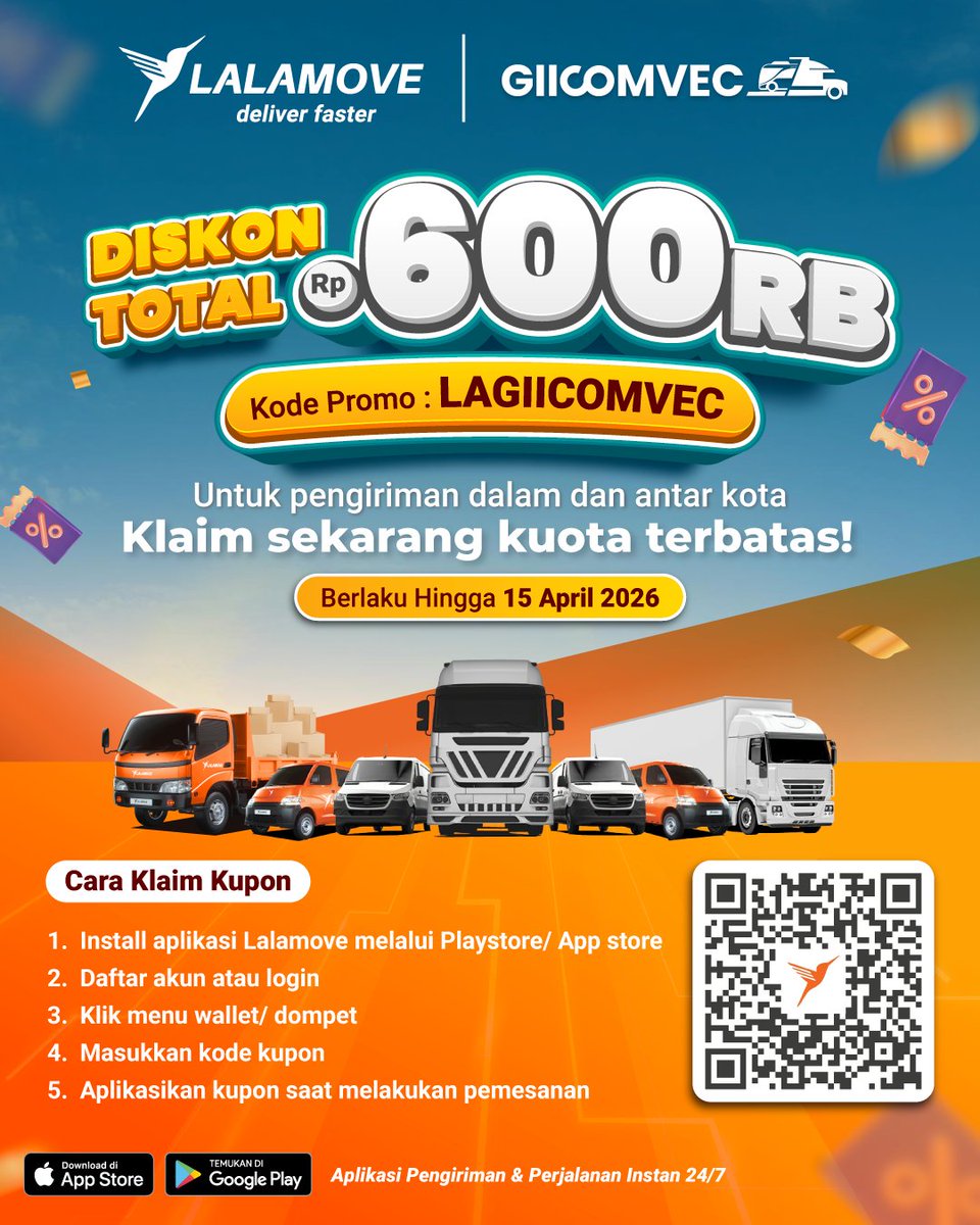 Lalamove_ID's tweet image. Efisiensi operasional adalah kunci dalam menjalankan bisnis 🔑

Nikmati promo khusus selama periode event:
Gunakan kode promo LAGIICOMVEC dan dapatkan diskon total hingga Rp600RB

Cek cara klaim kode promonya di bawah 👇🏼

#lalamove #giicomvec