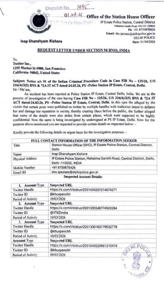 REDBOXINDIIA's tweet photo. Delhi Police has written to X Inc. seeking detailed information about multiple social media handlers, including mobile numbers used for account registration. 

According to sources, the notice also asked for “any other information” that could help in identifying or tracing the individuals behind these accounts.

Bravo @narendramodi @gupta_rekha 

So much for - “We welcome Criticism”