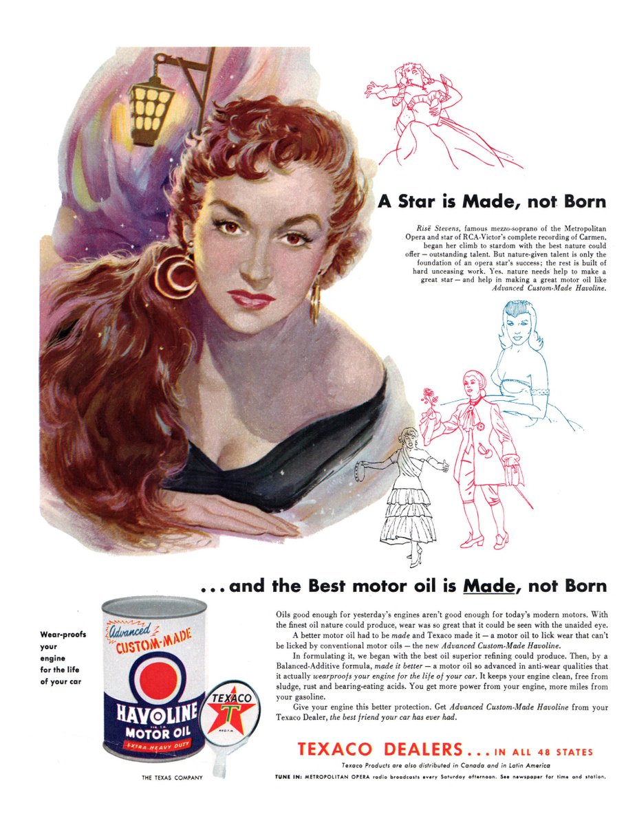 LRonLacy's tweet photo. #OTD in 1954
‘A Star is Made not Born
. . . and the Best motor oil is *Made*, not Born’
*Collier’s*, April 2, 1954
#illustration #illustrationart #Texaco #motoroil #fossilfuels #radio #RadioPrograms #radio #RisëStevens #mezzosoprano #operasinger #MetropolitanOpera #Carmen #Bizet https://t.co/0U6bL2VWuP