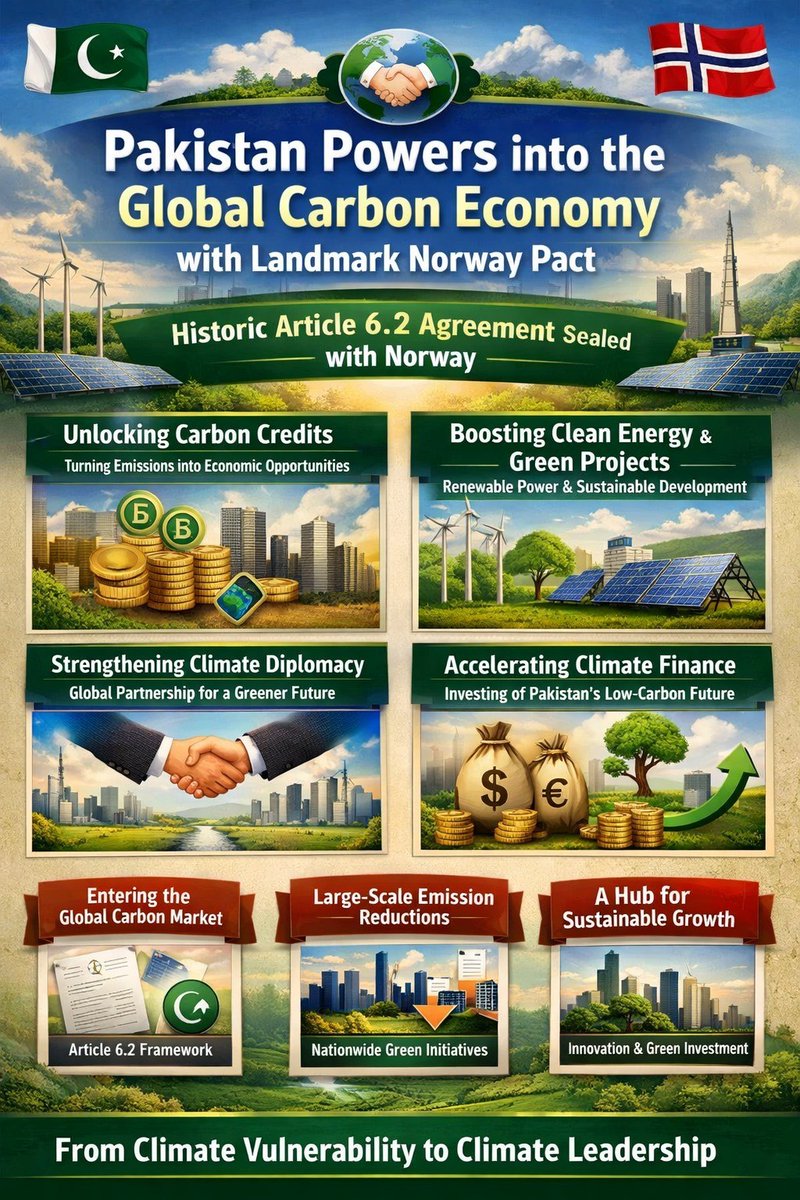 NaumanGhallu's tweet image. Thanks to Article 6.2 of the Paris Agreement, Pakistan is now able to produce and exchange carbon credits worldwide. This is a breakthrough for clean energy, eco-friendly transport, and climate-resilient farming.  
#PakistanGreenFuture #CarbonMarket #EcoInnovation