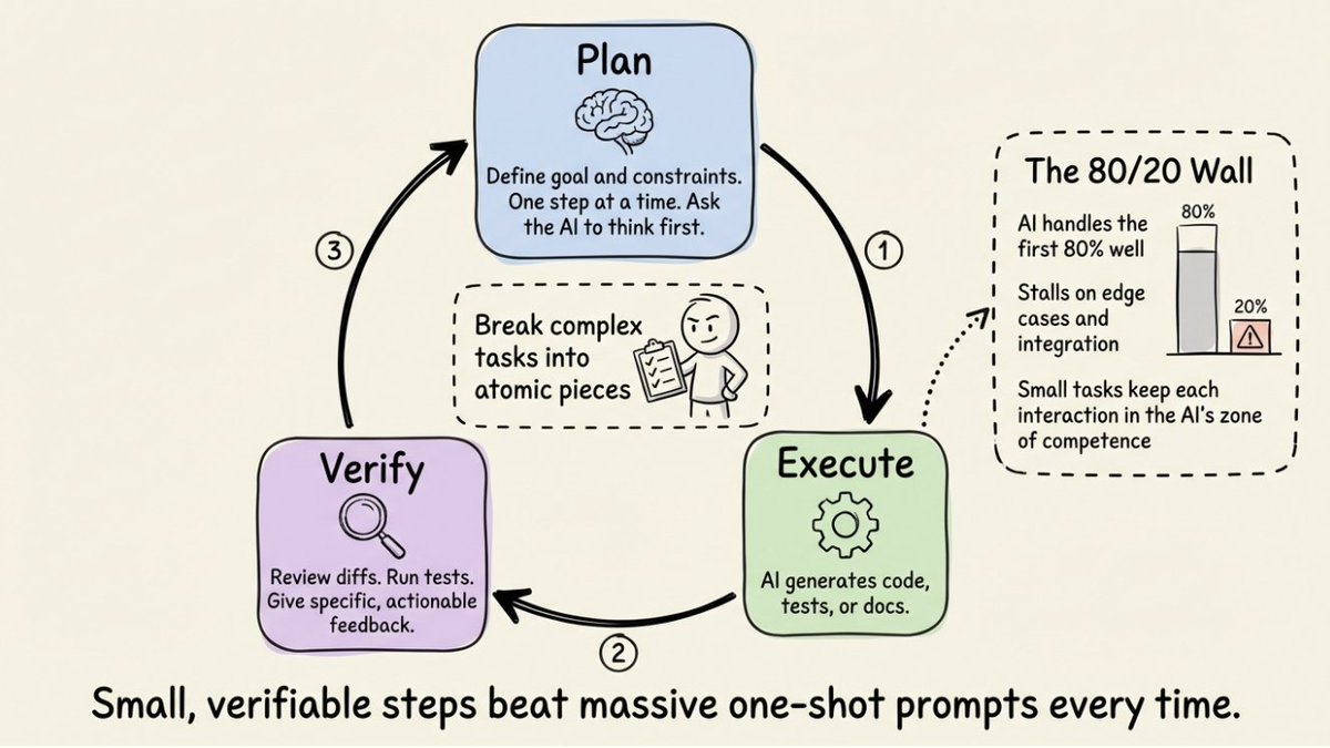 akshay_pachaar's tweet image. AI coding has a cheat code.

It's not a tool, a model, or a better prompt template. It's a shift in how you structure the work.

Most developers write one big prompt, hit enter, and hope for the best. When the output isn't right, they describe the problem, the AI "fixes" it, and