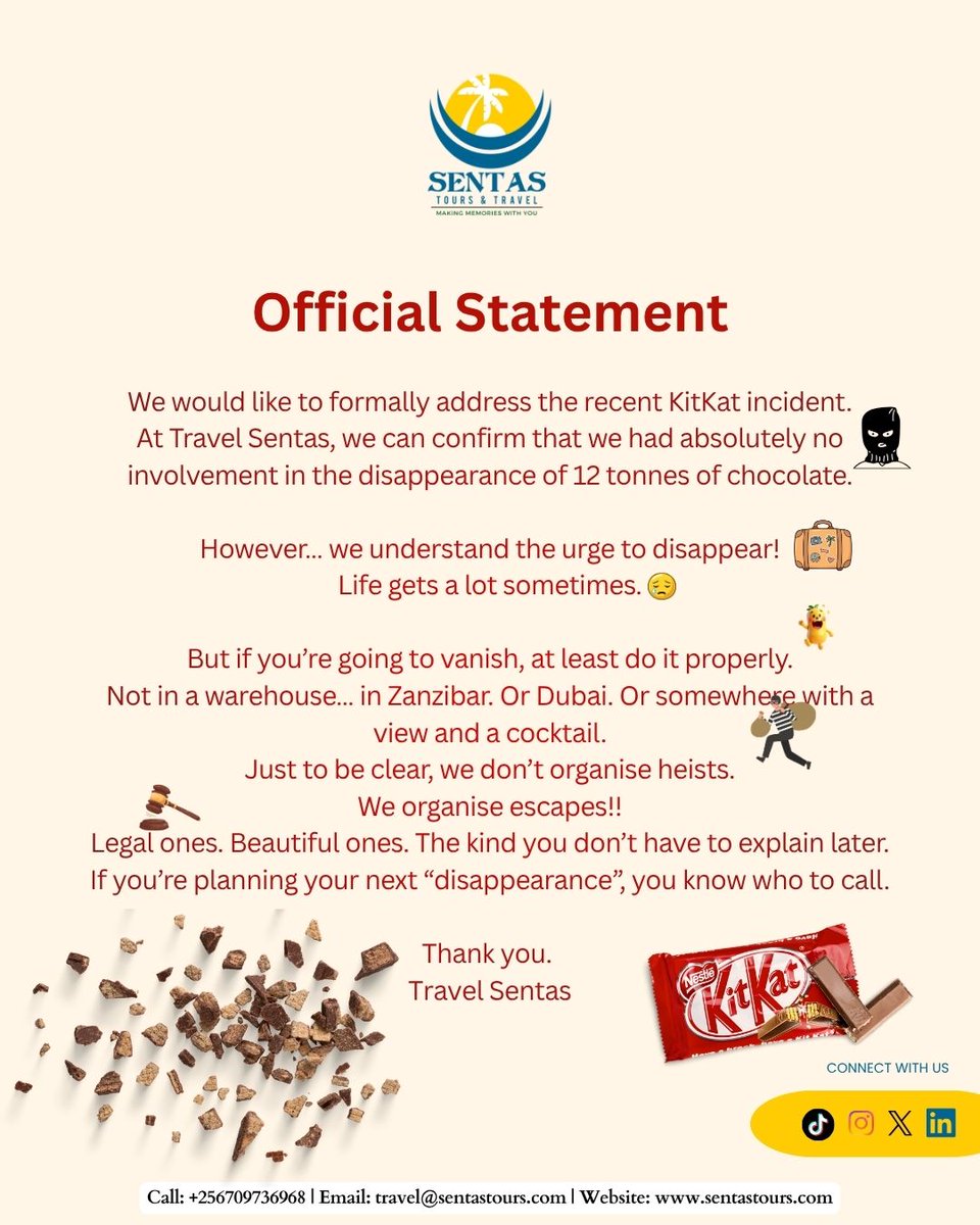 There are many ways to take a break!
Some involve 12 tonnes of chocolate.
Others look like sunsets, quiet mornings, and finally breathing again.

We’ll let you choose the better option.
📍Bookings: travel@sentastours.com

#TravelSentas #LuxuryTravelAfrica #KitKat #KitKatHeist
