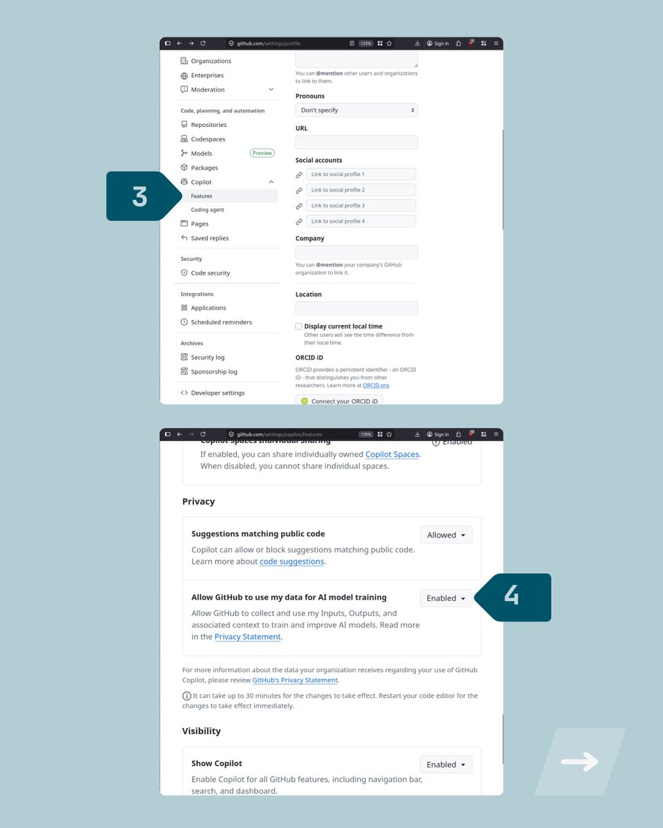 TutaPrivacy's tweet image. 🚨 OPT OUT &amp;amp; say NO to #GitHub using your interaction data to train &amp;amp; improve its AI models. 🚨

GitHub is the next company to choose to opt you into having your data used - by default. 🚩

Opt out in Settings --&amp;gt; Copilot --&amp;gt; Features.

Under "Allow GitHub to use my data for AI