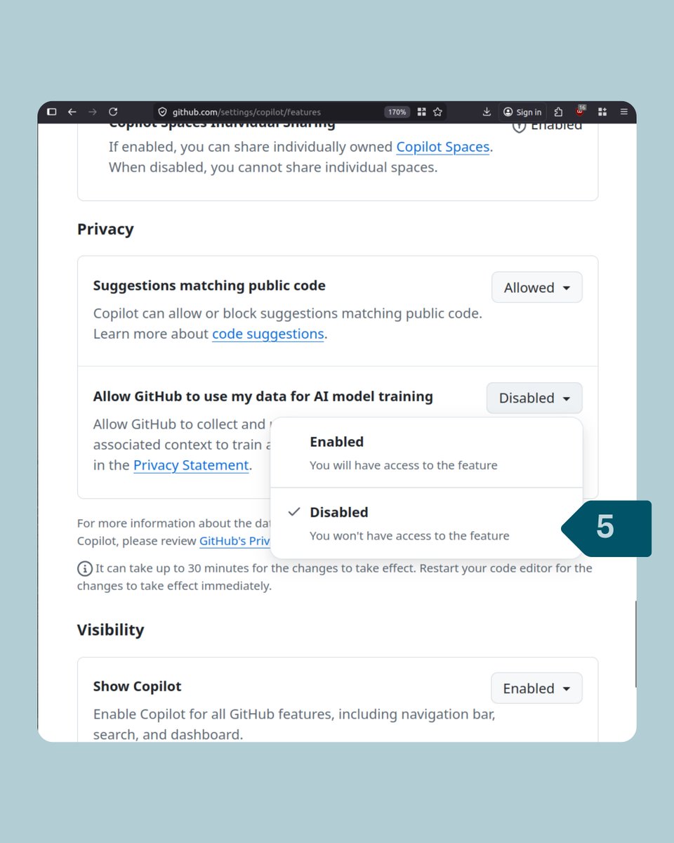 TutaPrivacy's tweet image. 🚨 OPT OUT &amp;amp; say NO to #GitHub using your interaction data to train &amp;amp; improve its AI models. 🚨

GitHub is the next company to choose to opt you into having your data used - by default. 🚩

Opt out in Settings --&amp;gt; Copilot --&amp;gt; Features.

Under "Allow GitHub to use my data for AI