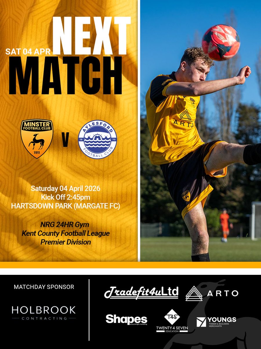 MinsterFC1911's tweet photo. FIRST TEAM : MATCH DAY
🆚 @aylesford_fc 
🏆 @KCFL1516 Premier Division
📅 04 Apr 26
⏰ 2:45pm Kick off
🏟️ Hartsdown Park @margate_fc
📍 CT9 5QZ

@tradefit4u
https://t.co/YRPZk2r1qS
@shapes_team
@T4S_Education
https://t.co/UvjS0Jt2kJ

#mcmxi https://t.co/VgZLZcCaRs