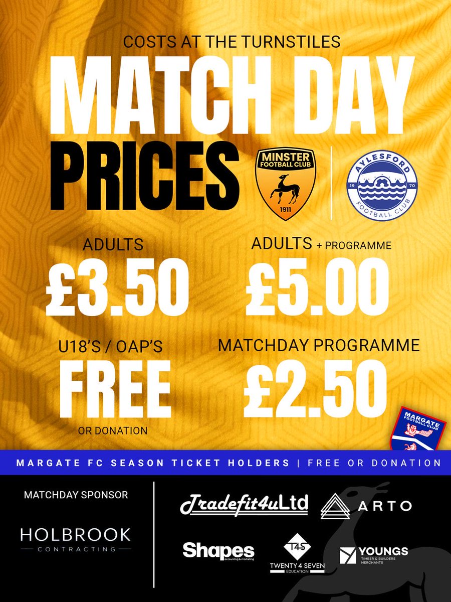 MinsterFC1911's tweet photo. FIRST TEAM : MATCH DAY
🆚 @aylesford_fc 
🏆 @KCFL1516 Premier Division
📅 04 Apr 26
⏰ 2:45pm Kick off
🏟️ Hartsdown Park @margate_fc
📍 CT9 5QZ

@tradefit4u
https://t.co/YRPZk2r1qS
@shapes_team
@T4S_Education
https://t.co/UvjS0Jt2kJ

#mcmxi https://t.co/VgZLZcCaRs