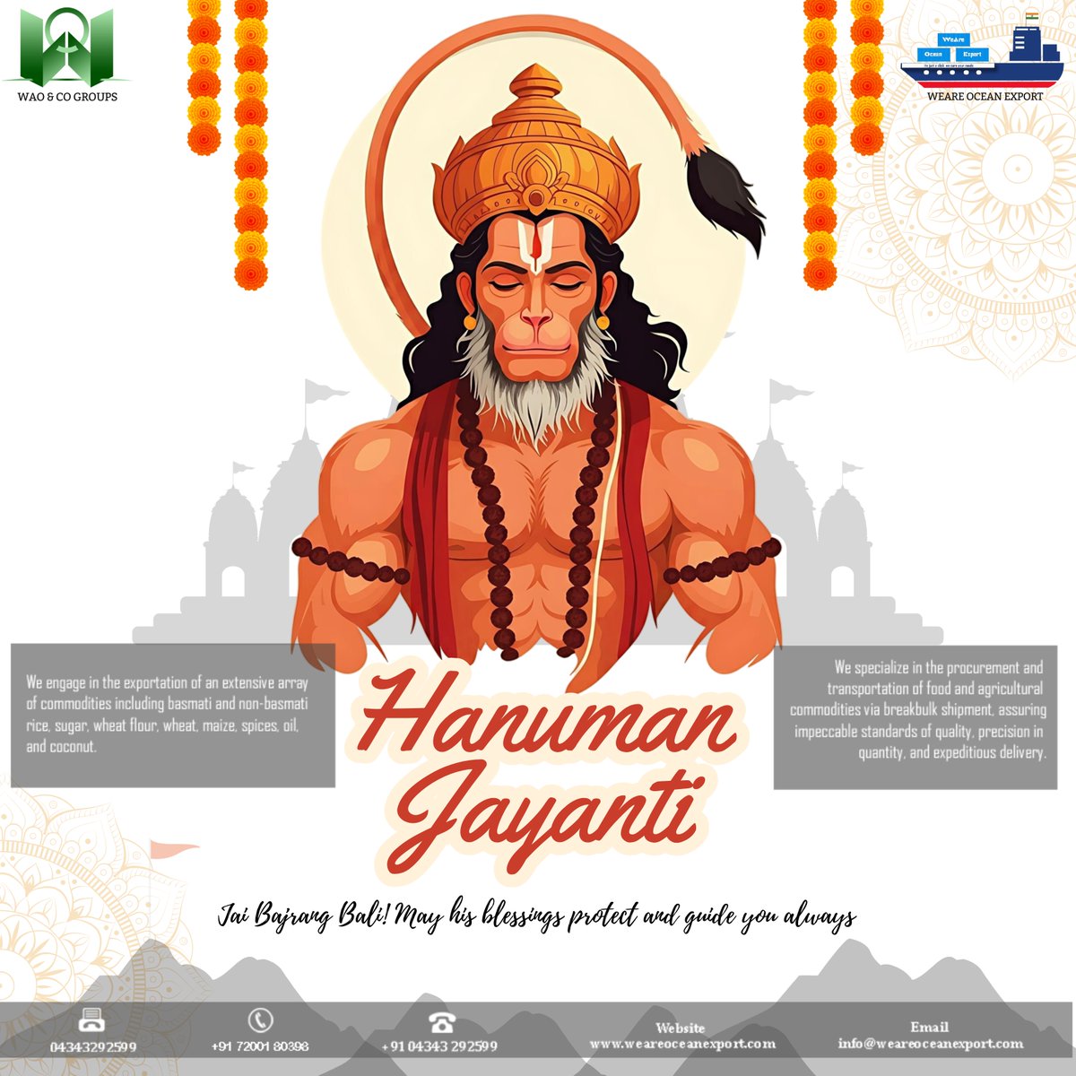 WeAreOcean_'s tweet photo. May Bajrang Bali inspire determination, discipline, and success in every step of your journey. Happy Hanuman Jayanti.🕉️

#HanumanJayanti #SacredBlessings #WEAREOCEAN #WAO #GlobalExports #TrustedTrade #ExportQuality #InternationalBusiness #StrengthAndSuccess #DevotionAndDiscipline https://t.co/V6B9Xz6MMb