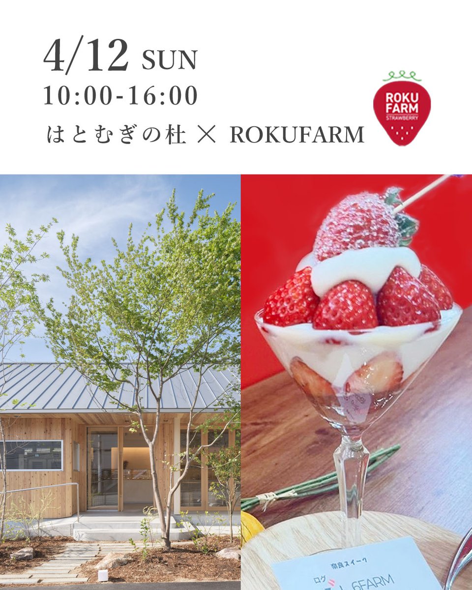 kenko_soleil's tweet photo. ＼ 4/12（日）6FARM × はとむぎの杜 コラボイベント開催 ／

奈良でいちご農家をされている6FARM様が、一日限定ではとむぎの杜に出店されます✨「宝石古都華パフェ」や「宝石古都華あめ」、いちごの直売会も開催いたします🍓 

※「宝石古都華パフェ」のご予約���こちら https://t.co/aFkCh3S5yK… https://t.co/92qArxy4AO