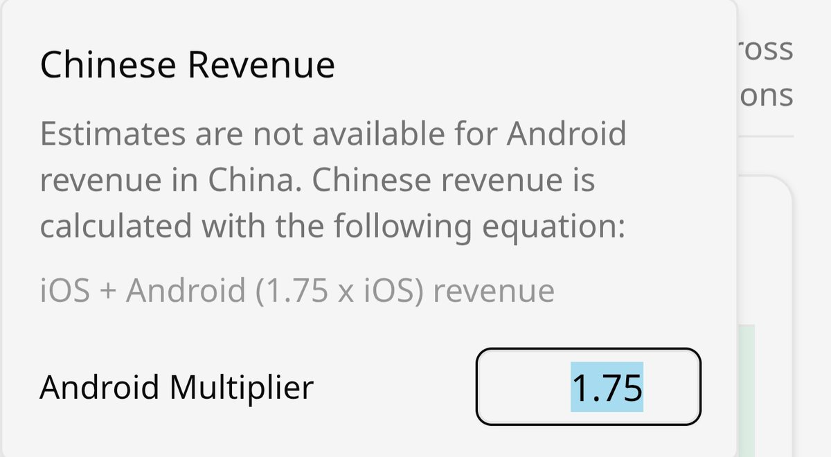 cuapk's tweet photo. @ErdiansyahZen @shu96hz Actually, the China Android multiplier is manually adjustable. It defaults to 1.75x, but if you set it to 0, the data becomes almost identical to AppMagic. The reality is obviously different, though, because China has a massive Android player base that needs to be accounted for. https://t.co/1tUsbuiCwN