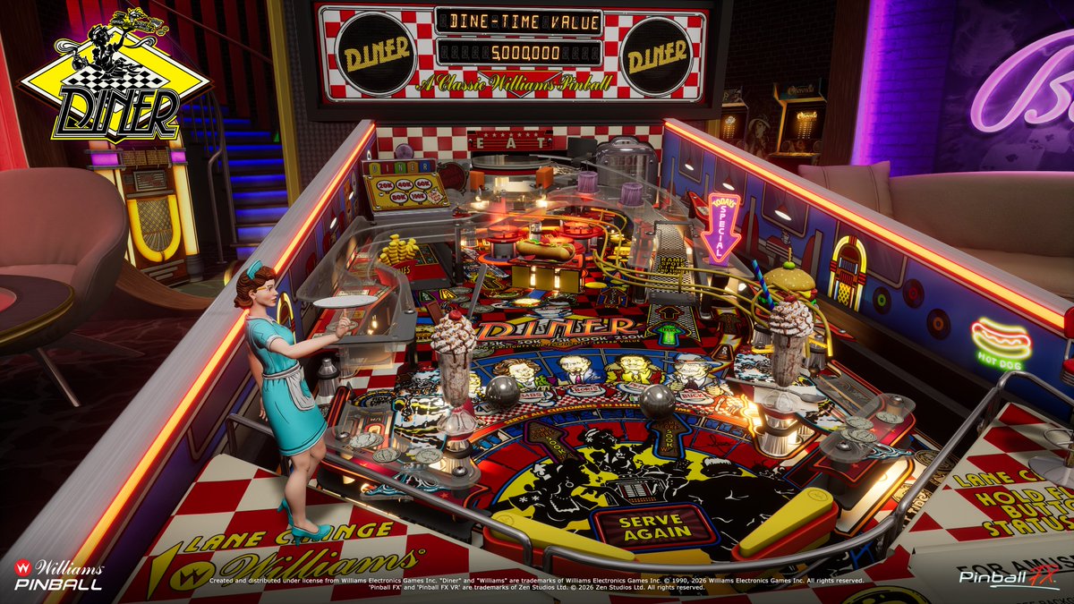 PinballFX's tweet image. This game's really cookin'! 🔥

Serve the regulars - Haji, Babs, Boris, Pepe, and Buck - by shooting the drop targets. Move fast or they'll throw a fit!

Diner™ hits Pinball FX and Pinball FX VR on April 30!

#WMS10 #Pinball