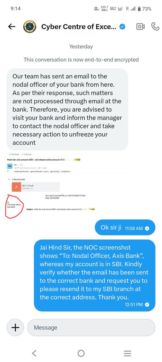 sumit_phulera's tweet photo. @GujaratPolice @CyberGujarat @Cyberdost @dgpgujarat sir, My SBI Salary A/C is frozen due to wrong mention of 'Axis Bank' in NOC (Case ID: GUJCC-54558)
No respnce on prevus tweet/DM. Home br. is unble to act without correct NOC.
Kdly resend crrtd NOC to SBI/my home br. and respond https://t.co/7sL9Ko7aBS