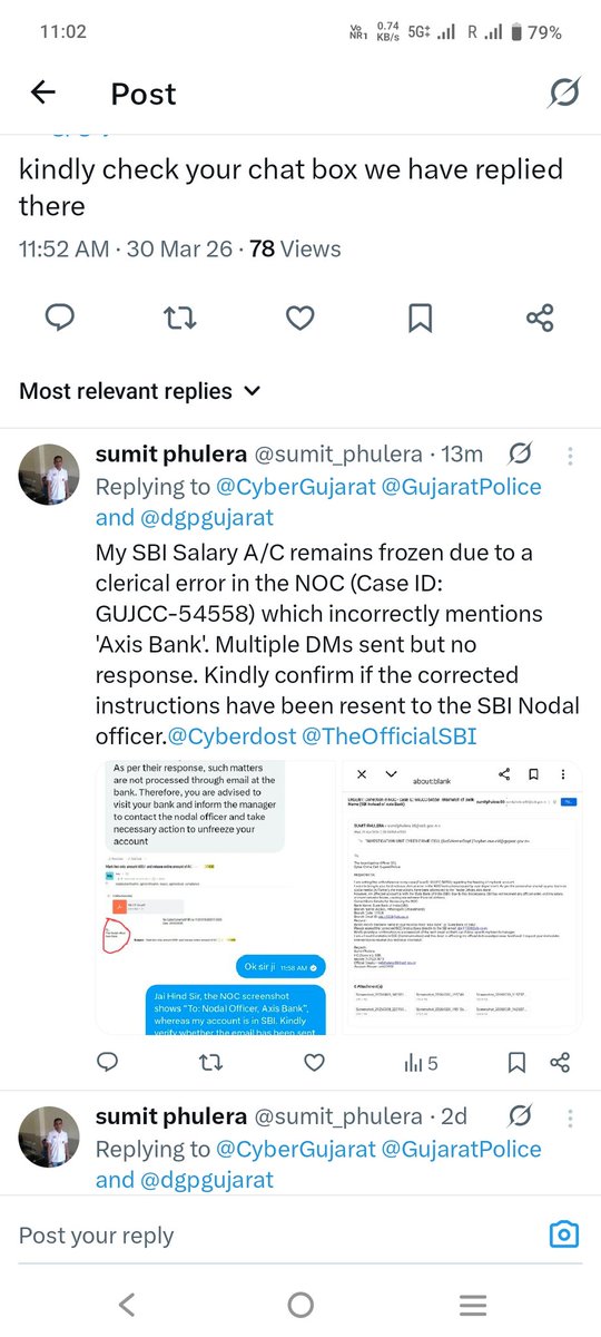 sumit_phulera's tweet photo. @GujaratPolice @CyberGujarat @Cyberdost @dgpgujarat sir, My SBI Salary A/C is frozen due to wrong mention of 'Axis Bank' in NOC (Case ID: GUJCC-54558)
No respnce on prevus tweet/DM. Home br. is unble to act without correct NOC.
Kdly resend crrtd NOC to SBI/my home br. and respond https://t.co/7sL9Ko7aBS
