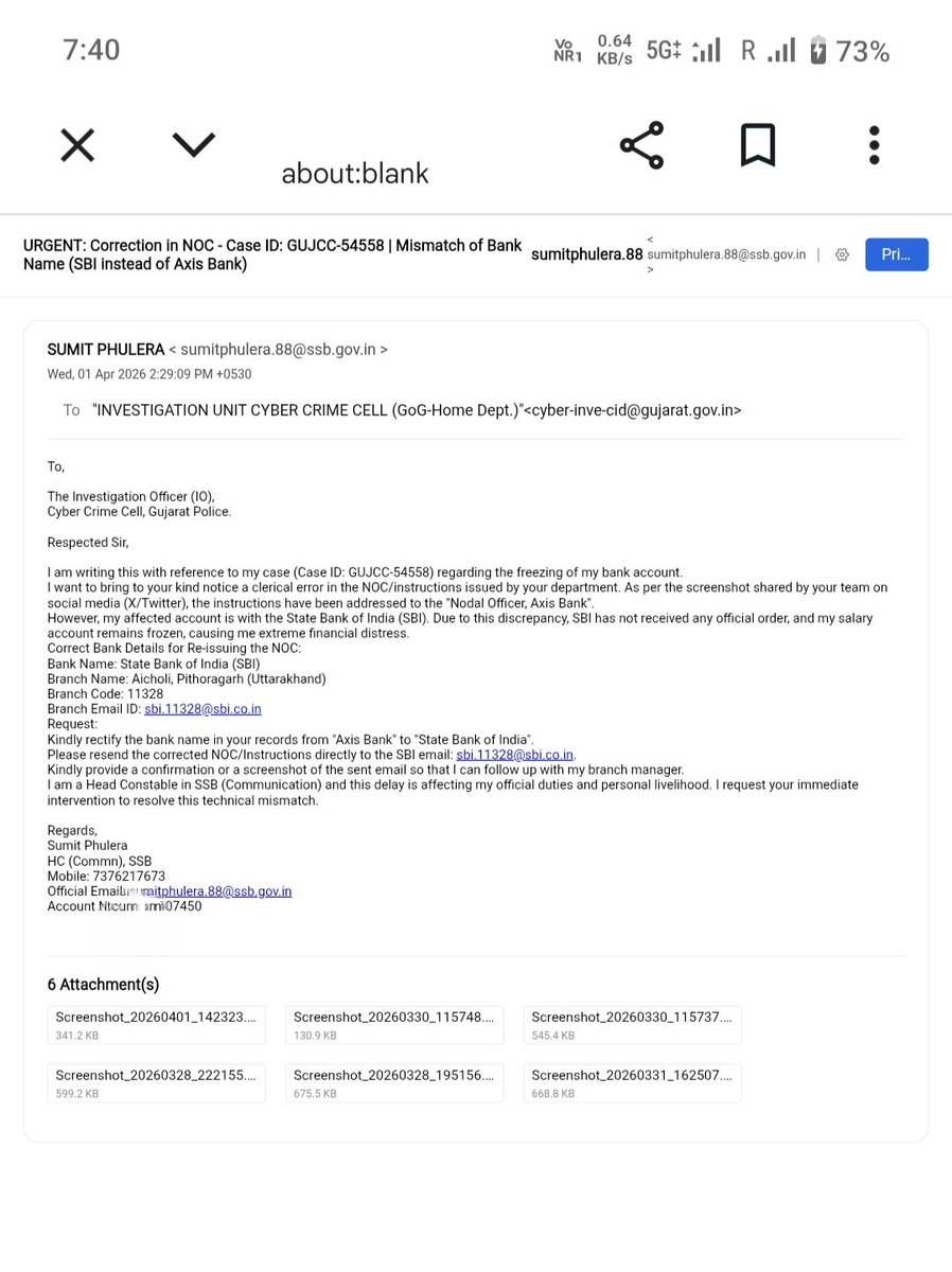 sumit_phulera's tweet photo. @GujaratPolice @CyberGujarat @Cyberdost @dgpgujarat sir, My SBI Salary A/C is frozen due to wrong mention of 'Axis Bank' in NOC (Case ID: GUJCC-54558)
No respnce on prevus tweet/DM. Home br. is unble to act without correct NOC.
Kdly resend crrtd NOC to SBI/my home br. and respond https://t.co/7sL9Ko7aBS