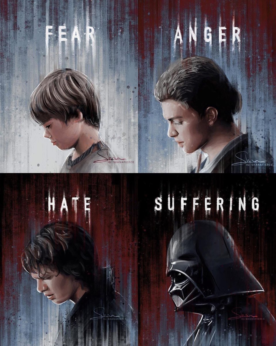 pavelmacek's tweet image. “Fear is the path to the dark side … fear leads to anger …  anger leads to hate … hate leads to suffering.” 

— Master Yoda, in: "The Phantom Menace," 1999

Poster by Shana Fierce 

#fear #anger #hate #suffering #masteryoda #yodaquotes #starwars #innerwar