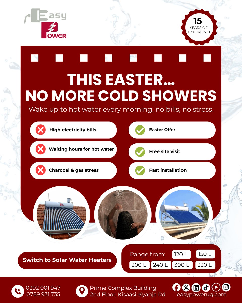 EasyPowerCoLtd's tweet photo. Cold morning.
Guests around.
No hot water.
That stress costs you time and money.
Solar water heaters fix it once.
No bills
No waiting
No excuses
This Easter… no more cold showers.
Get your solar water heater installed this week.
CALL NOW: 0789 931 735
#EasyPower #ThisEaster https://t.co/OP6grM0rZo