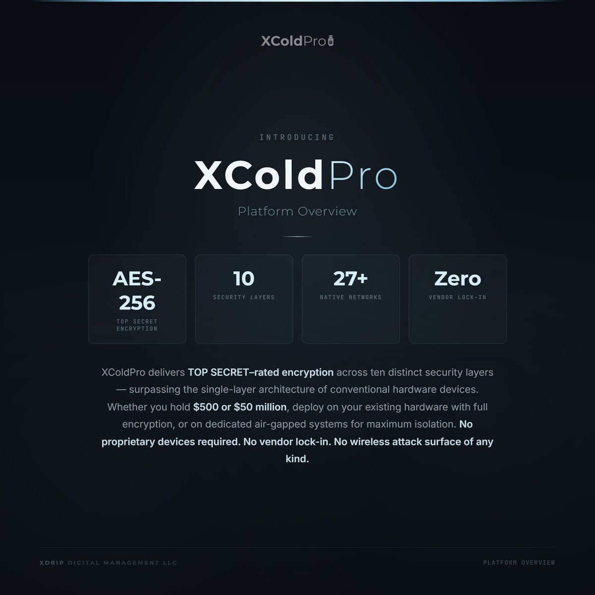 XDRIP's tweet photo. XColdPro Release Candidate is live. Just launched on stream.

https://t.co/5pFgo7rVIr

Brad and the XDRIP team are walking through everything right now during the Launch Party.

What is inside XColdPro:

- 6 security protocols (Void Lock, XBurn, Omega, Lazarus, Seed Vault, Citadel)
- 12-shield Sentinel Guard (real-time active defense)
- Dual-password plausible deniability
- Stealth storage (invisible to forensic scanners)
- FIFO/LIFO/HIFO cost basis tracking and tax reports
- 22+ native blockchain networks
- Offline signing with QR air-gap channel
- 16 themes, 13 languages
- Patent-pending architecture

Software license. No hardware required. RC launch pricing is active now.

https://t.co/5pFgo7rVIr