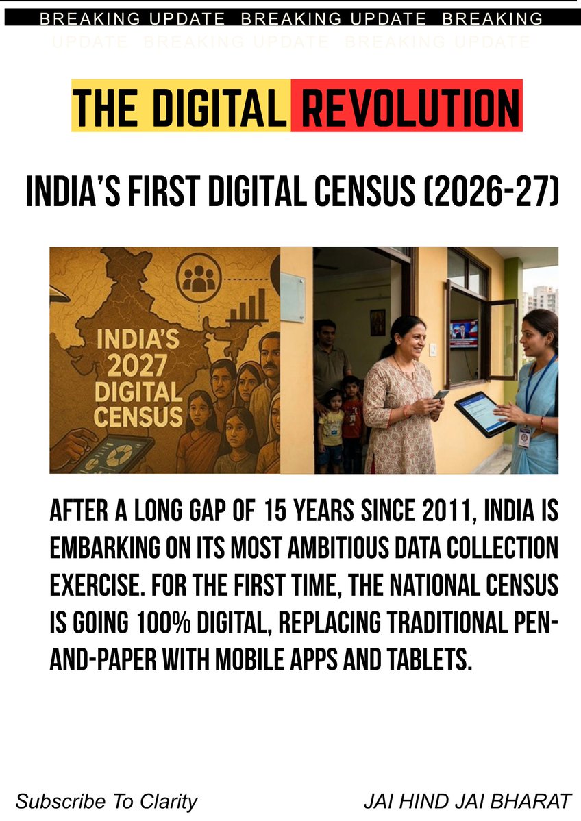 deskmatters's tweet image. भारत की पहली डिजिटल जनगणना (2026-27) शुरू हो चुकी है! 📝➡️📱 अब पेन-पेपर का जमाना गया, अब सब कुछ मोबाइल ऐप और टैबलेट पर होगा। इस बार सिर्फ आबादी ही नहीं, बल्कि आपकी लाइफस्टाइल का पूरा डेटा भी रियल-टाइम अपडेट होगा। 
#DigitalCensus #Census2026 #IndiaData #DigitalIndia #CasteCensus