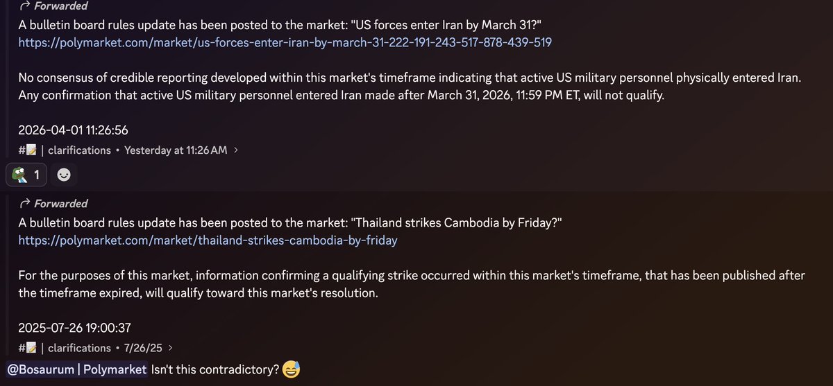ProThonker's tweet photo. I have completely given up on expecting any consistent decision-making from @Polymarket. It is no longer possible to know how to bet on an increasing segment of markets. Any putative ground rules are increasingly vanishing with no announcement or explanation. We now have zero clue if or under what circumstances evidence from outside of a market's timeframe can be used. And they can change their mind again next week.