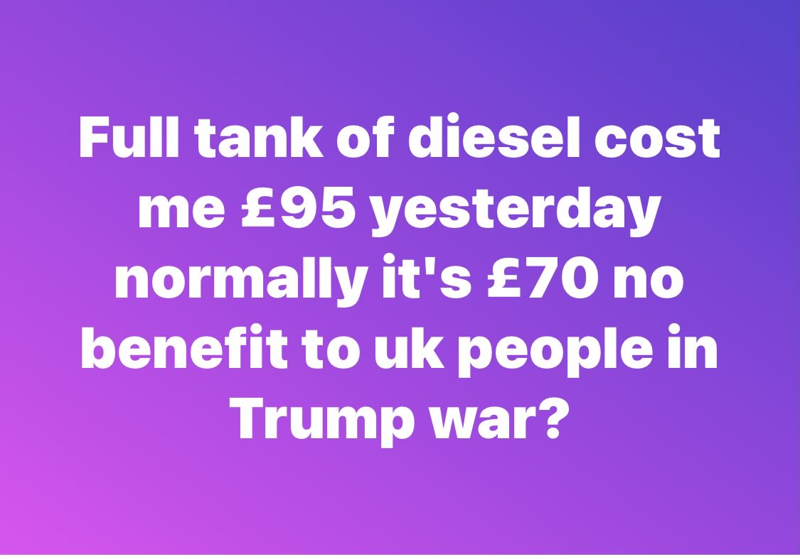 AFT8B's tweet photo. Fuel Price is soaring in uk costed me extra £26 on full tank bloody trump war https://t.co/uhV7OGNC9B