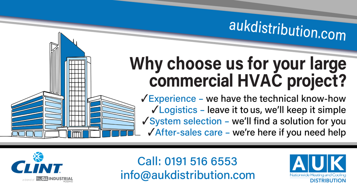 AUKDistribution's tweet photo. If you need an #HVAC solution to a large commercial project, get in touch and we can discuss how #CLINT’S range of chillers and heat pumps can provide the answer to creating the perfect environment for you.
@AUKDistribution 0191 516 6553 or email: info@aukdistribution.com https://t.co/QZ7LmoYw15