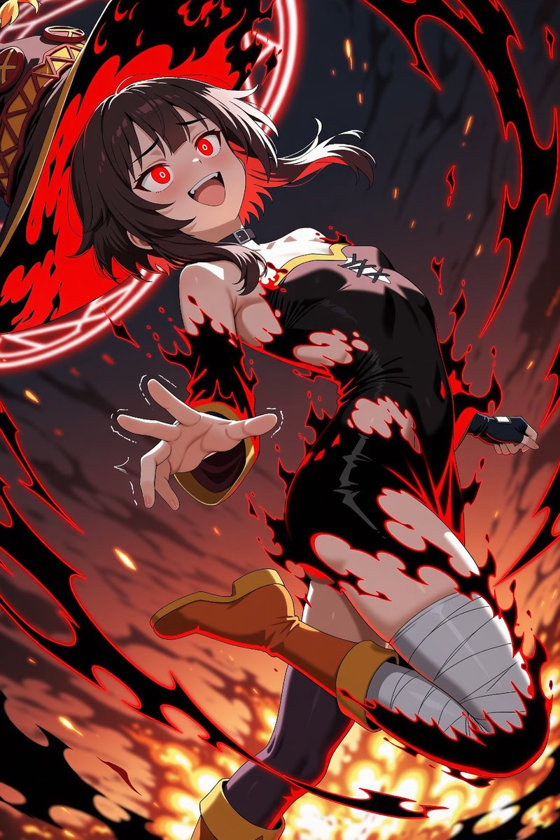 saika_aiart's tweet image. 「ああ……熱い……この黒炎……最高です……！」

このすばが『もしシリアス作品だったら』イメージの
闇の炎に染まるめぐみん…

めぐみん(この素晴らしい世界に祝福を！)
#このすば #konosuba