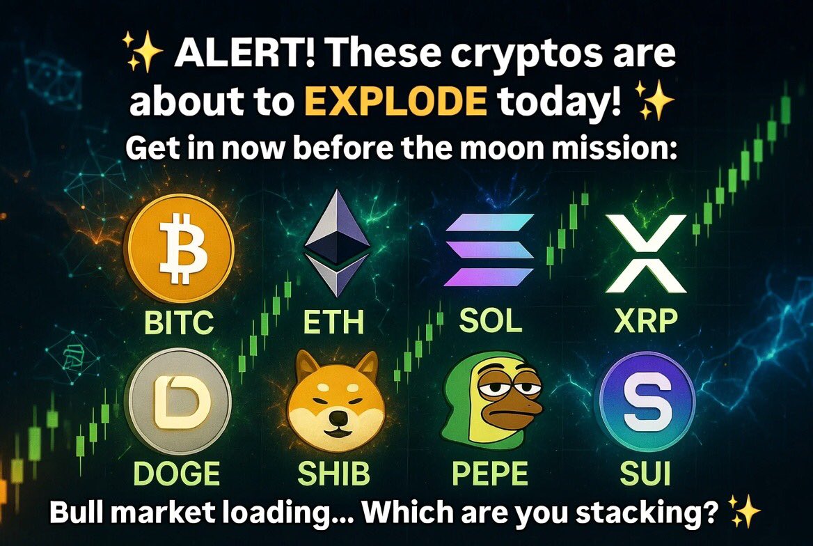 🚨 Alert! These cryptocurrencies are expected to surge today:

#Bitcoin (BTC), #Ethereum (ETH), #Solana (SOL), #XRP, Dogecoin (#DOGE), Shiba Inu (#SHIB), Pepe (#PEPE) &amp; Sui (#SUI).

The bull market is heating up! Which ones are you holding or buying today?

#Crypto #Altcoins