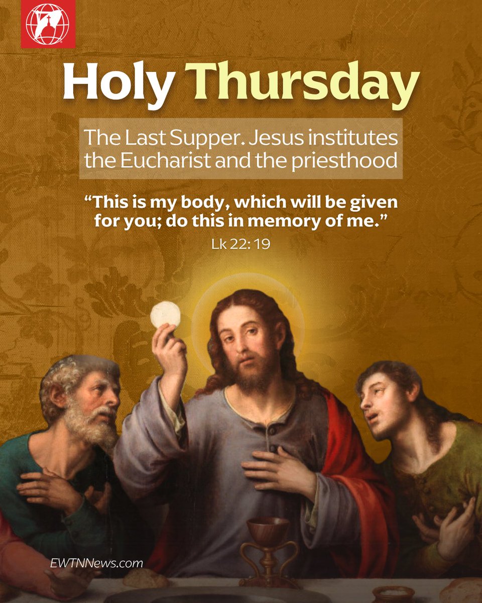 EWTNews's tweet image. Let us begin the Easter Triduum by asking the Lord for the grace to understand and live the profound mystery of His love and sacrifice. 🙏 ❤️

Holy Thursday is the "gateway" to the Easter Triduum, that is, it is the "beginning" of the most important period of Holy Week, where we
