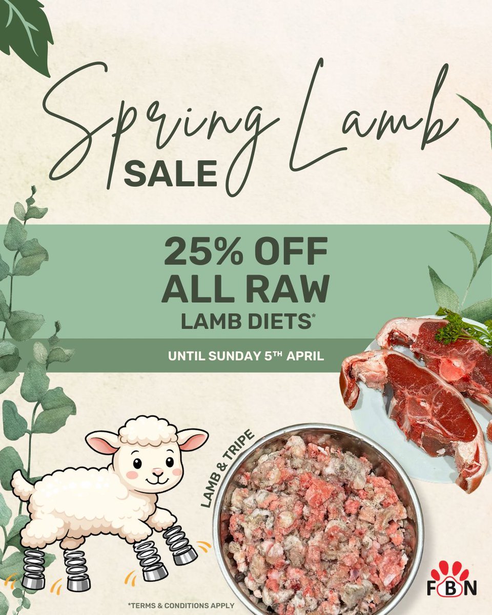 Spring walks, lighter evenings… and better mealtimes 🐑🌿

Our Spring Lamb Sale is on, with 25% off all raw lamb diets - the perfect seasonal treat for your dog 🌸

buff.ly/Ks3FtMq 

#FBN #SpringLambSale #SpringSale #rawdogfood #naturaldogfood