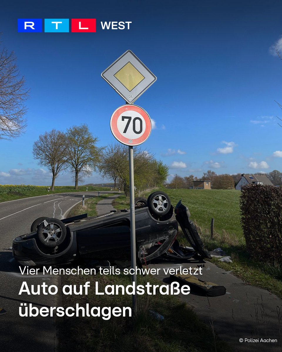 RTLWEST's tweet image. Bei einem #Unfall auf einer Landstraße bei #Herzogenrath (Städteregion #Aachen) wurden vier Menschen teils schwer verletzt. Ein 21-jähriger #Autofahrer verlor in einer Kurve die #Kontrolle über seinen Wagen und geriet in den #Gegenverkehr.
Das Fahrzeug prallte auf ein