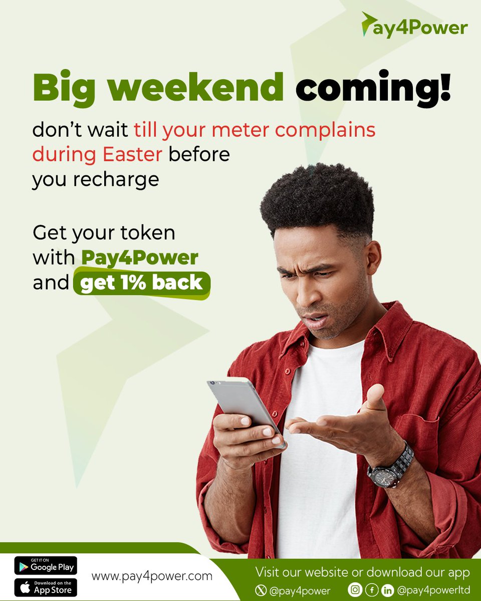 Pay4PowerLTD's tweet image. Recharge early, avoid last-minute stress, and start building small cashback that can save you later.

Smart move is better then last-minute panic.

Download the app on Play Store or Apple Store to get started.

#PlanYourPower #NoLastMinuteRush #EasterPrep #SmartRecharge