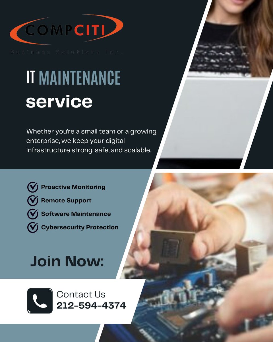 CompCiti's tweet image. Keep your systems running smoothly with professional IT maintenance services in NYC. We provide regular updates, system monitoring and keep your business operating efficiently. compciti.com/maintenance/
#ITMaintenance #ITSupport #ManagedITServices #ITServicesNYC #NYCITSupport