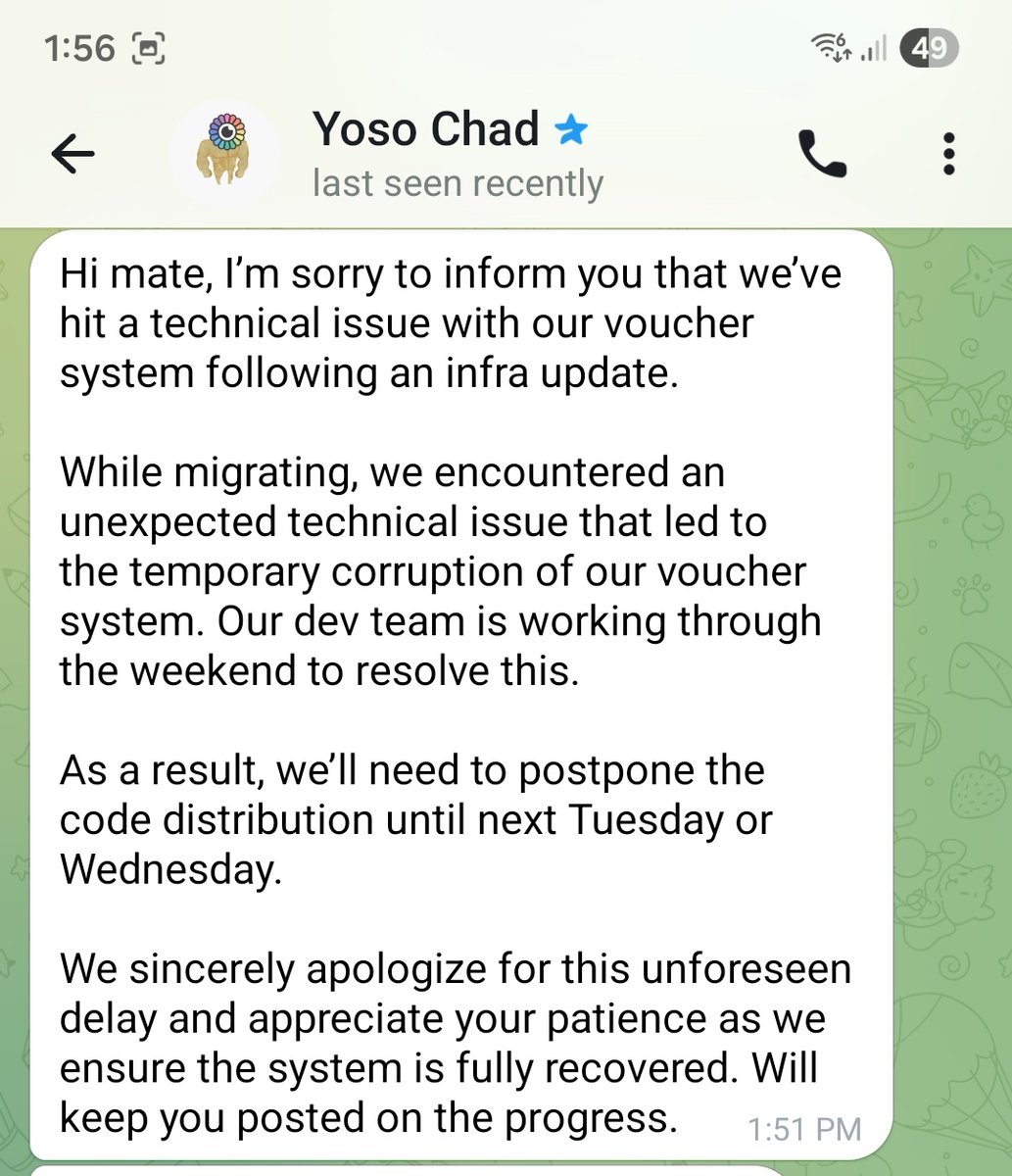MahmudulOG's tweet image. YOSO update 👀

Codes are delayed due to a system upgrade issue.
Expected to resume Tue/Wed.

Stay tuned, access coming soon 🔥