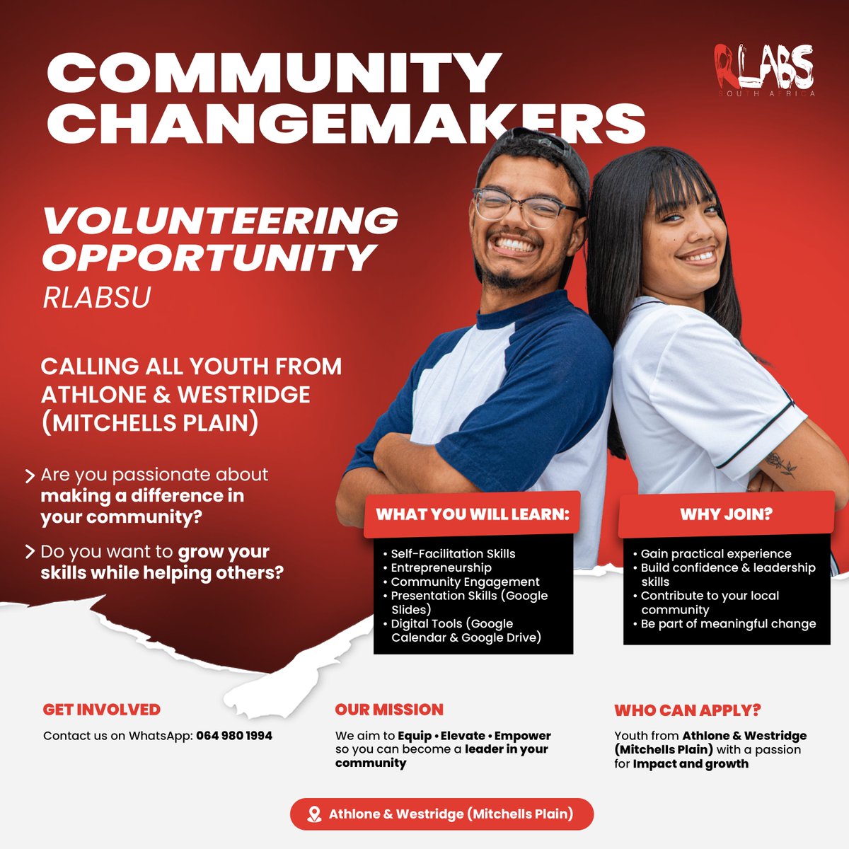 RLabsza's tweet photo. Athlone &amp; Mitchells Plain, it’s your time.

The RLabsU Community Change-Maker Program is calling future leaders ready to grow, lead &amp; make real impact.

#RLabsSouthAfrica #MakingHOPEContagious #RLabs2026 #ChangeMakers https://t.co/qMULZaExu1
