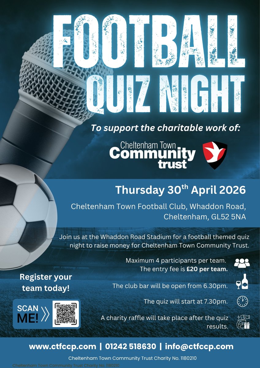 CTFCCommunity's tweet image. ⏰⚽ Last chance to join our Charity Football Quiz Night!

📅 30 April 2026
📍 Cheltenham Town FC
👥 Teams of 4 | 💷 £20
🧠 7:30pm start | 🍻 Bar from 6:30pm

👉 forms.office.com/e/4v9BaEKcSx

#CharityEvent #FootballQuiz #CheltenhamTown