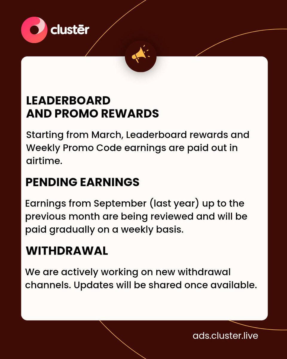 clusterliveapp's tweet image. We’re improving things for you
Leaderboard rewards now in airtime, pending earnings paid weekly, and better withdrawals coming soon.
Thanks for your patience, bigger updates ahead
#Clusterlive #EarnOnline #AirtimeRewards #SideHustleNG #MakeMoneyOnline #NigeriaTech