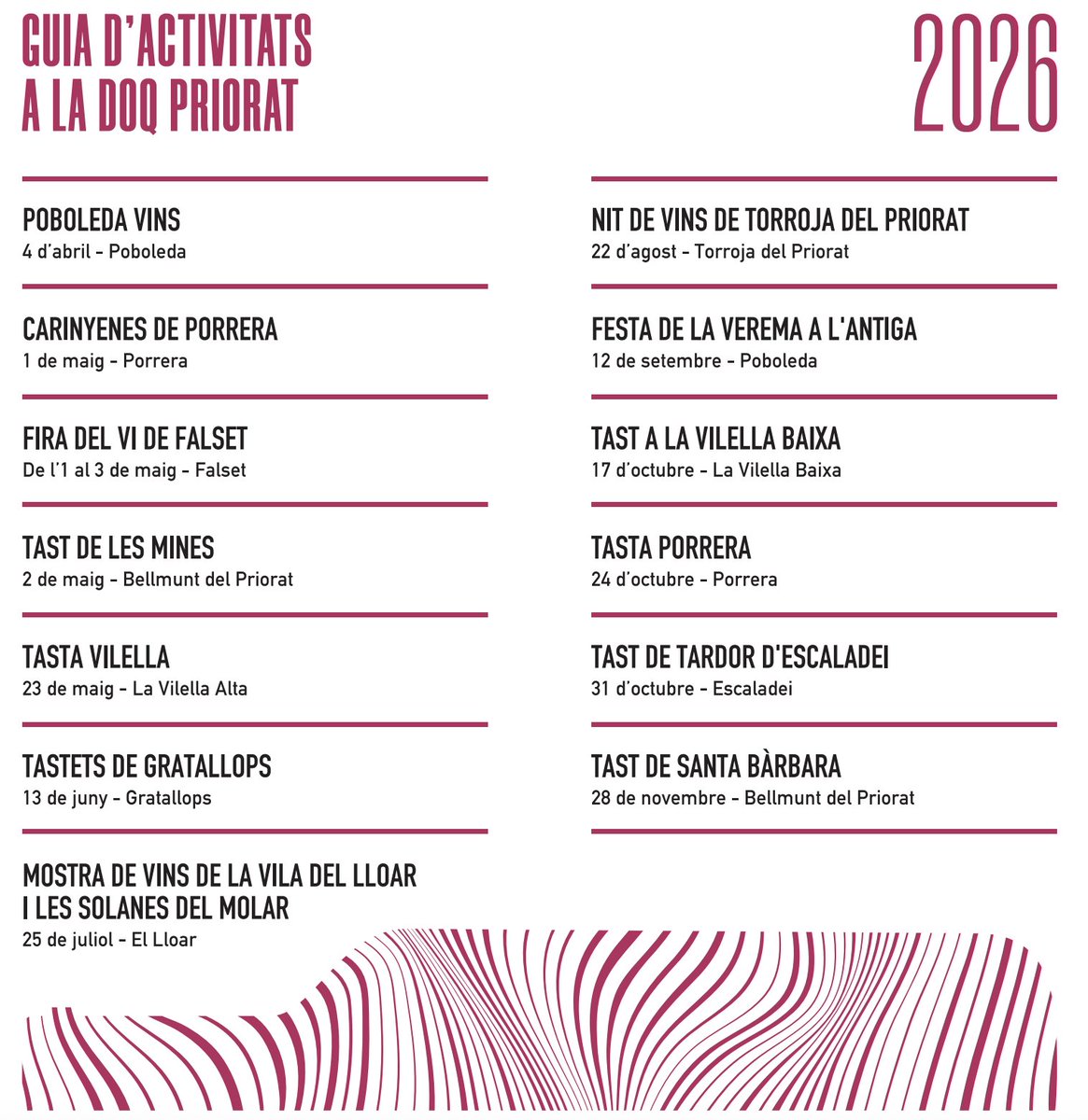 doqpriorat's tweet photo. 🍷Publiquem la Guia d'Activitats a les viles i pobles de la #DOQPriorat. Guarda-la i gaudeix, durant tot l'any de les festes del vi.

Amb el suport 👇
@costadauradatur 
@Dipta_cat 
@gencat 
Ministerio de Agricultura, Pesca y Alimentación de España
Unió Europea
Wine in Moderation https://t.co/9kM2cI6Bpg