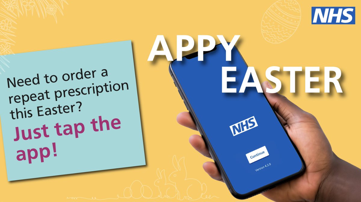GPConnectPCN's tweet photo. This #AppyEaster, make sure you have enough medication!💊
Order your repeat prescriptions easily through the #NHSApp
Learn how by clicking the link below⬇️
https://t.co/rjlvMPt049
Just Tap the App! 📱
#NHS #Easter #medication #prescription https://t.co/C3pWaoncV9