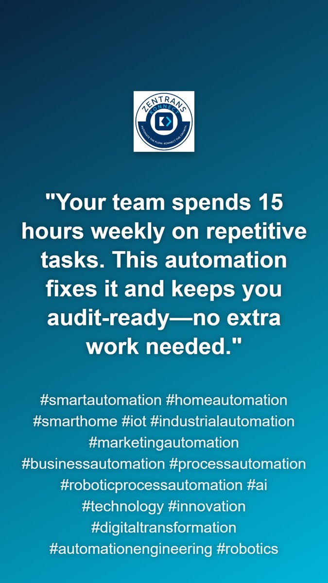 deepiar's tweet photo. "Your team spends 15 hours weekly on repetitive tasks. This automation fixes it and keeps you audit-ready—no extra work needed."
smartautomation, homeautomation, smarthome, iot, industrialautomation, marketingautomation, businessautomation https://t.co/OXC1mNmweY