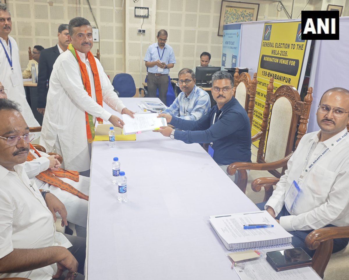 ANI's tweet image. #WATCH | BJP candidate from Bhabanipur Assembly constituency, Suvendu Adhikari, files his nomination for West Bengal elections