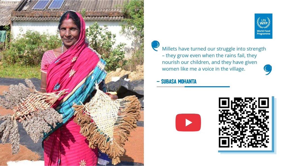 UNWFP_India's tweet image. At the forefront of climate challenges, women farmers are shifting to #millets for secure livelihoods and #nutrition. Millets have turned struggle into strength for women farmers like Subasa, supported by #WFP &amp;amp; @MilletsOdisha

#YearOfTheWomanFarmer

📺tinyurl.com/vt5cwfa7