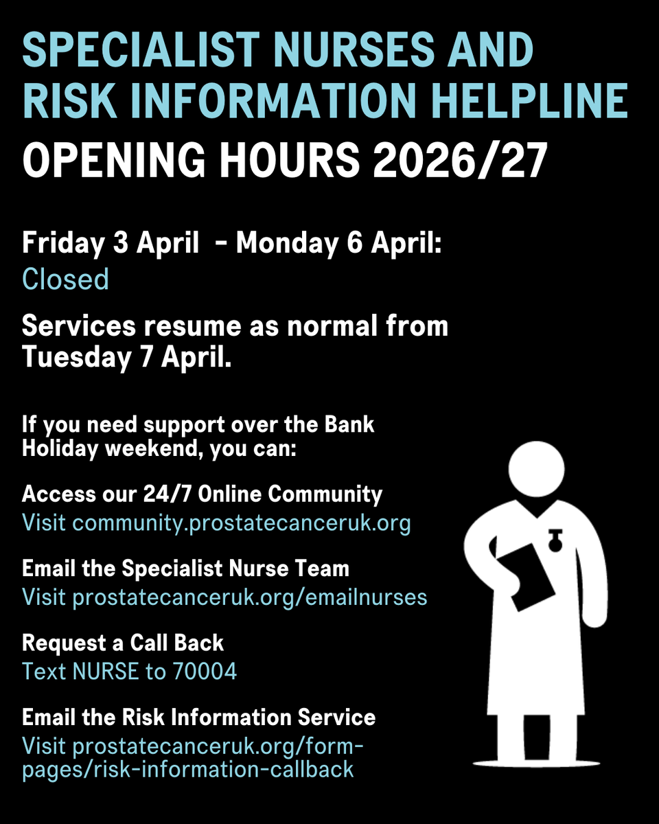 ProstateUK's tweet image. Our Specialist Nurses will return on Tuesday 7 April, but there are other ways for you to get support over #Easter. 

💬 There's no such thing as a silly question and we're also here to help your loved ones.

➡️ Get in touch: bit.ly/4sDXd0c

#ProstateCancer l #Support