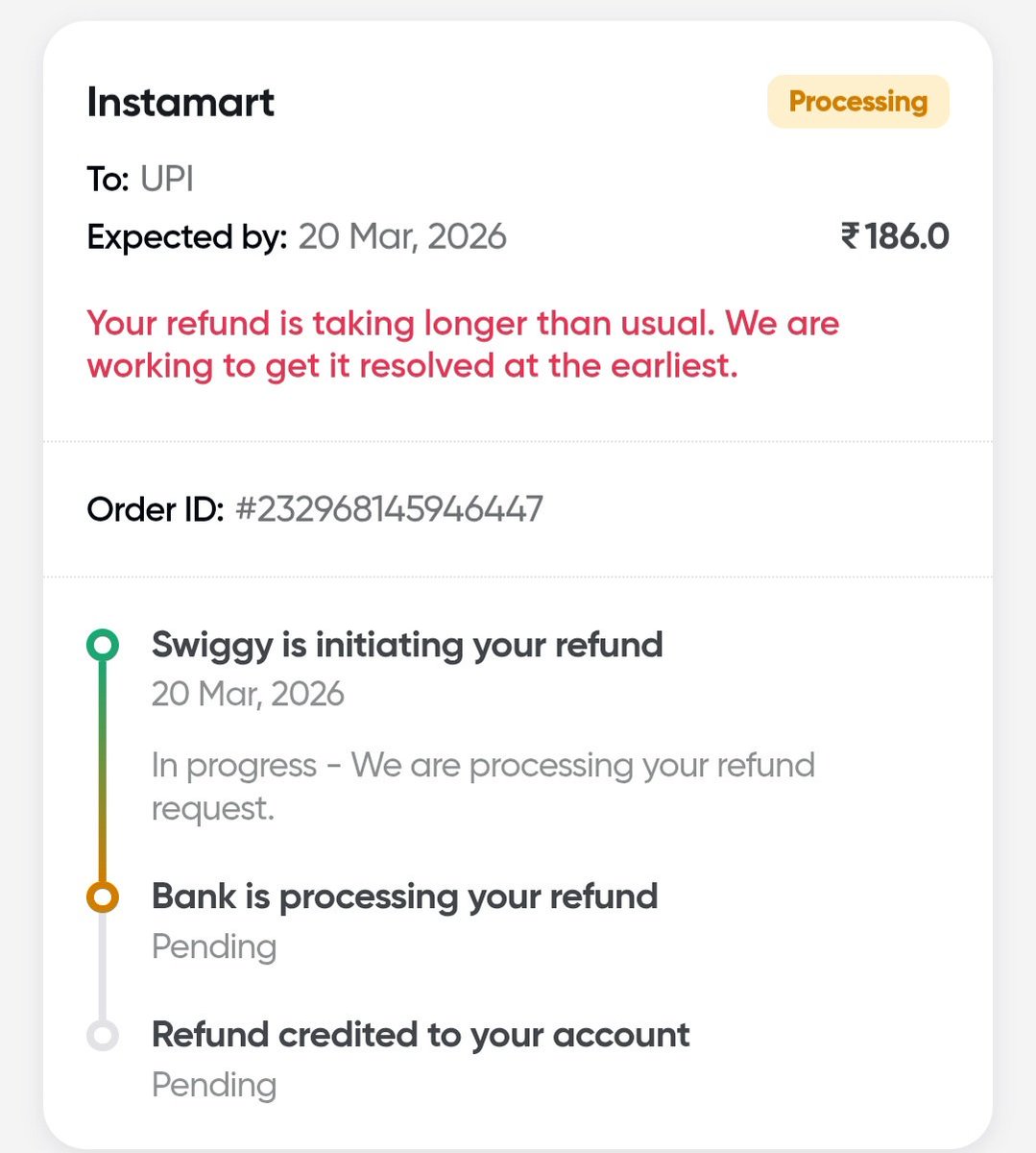 vedansh_pathak's tweet photo. @SwiggyCares @Swiggy @instamart_it @InstamartS @swiggydineout The refund status remains the same. This is so unprofessional, kindly resolve this issue. https://t.co/iP8KEzIogu